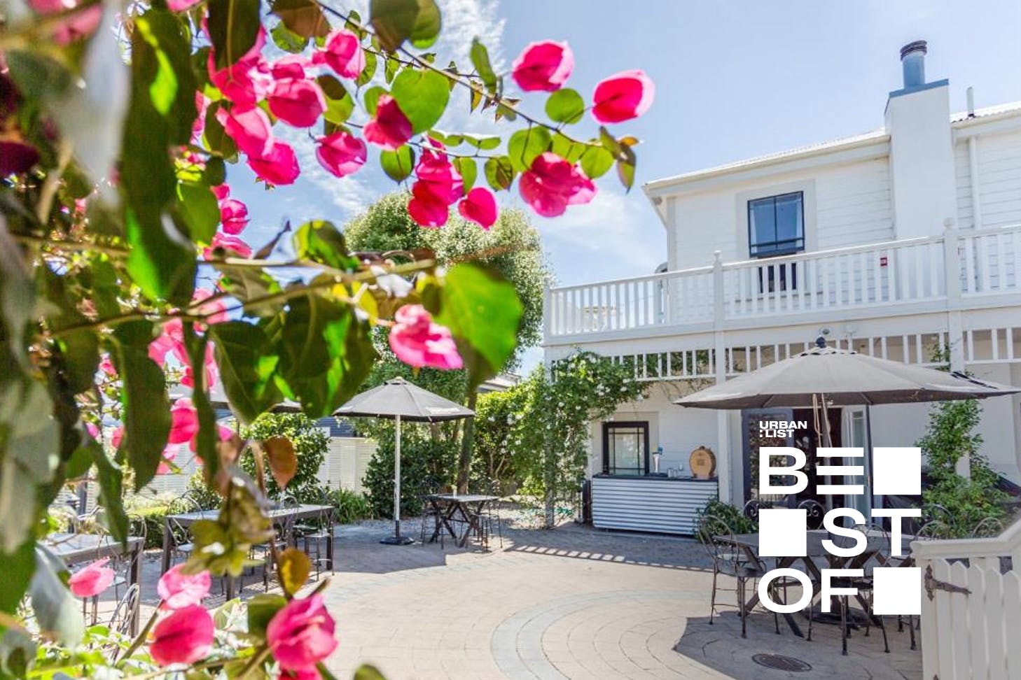 The exterior of the Martinborough Hotel with lovely flowers. One of the best places to stay in Martinborough.